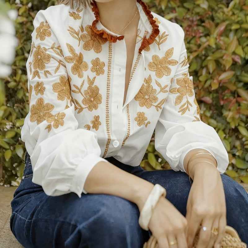Embroidered Puff-Sleeve Linen Blouse — 4 Colours
