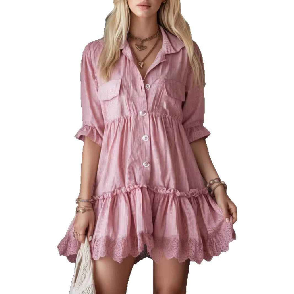 Pink Ruffle Sleeve Lace-Trim Shirt Mini Dress