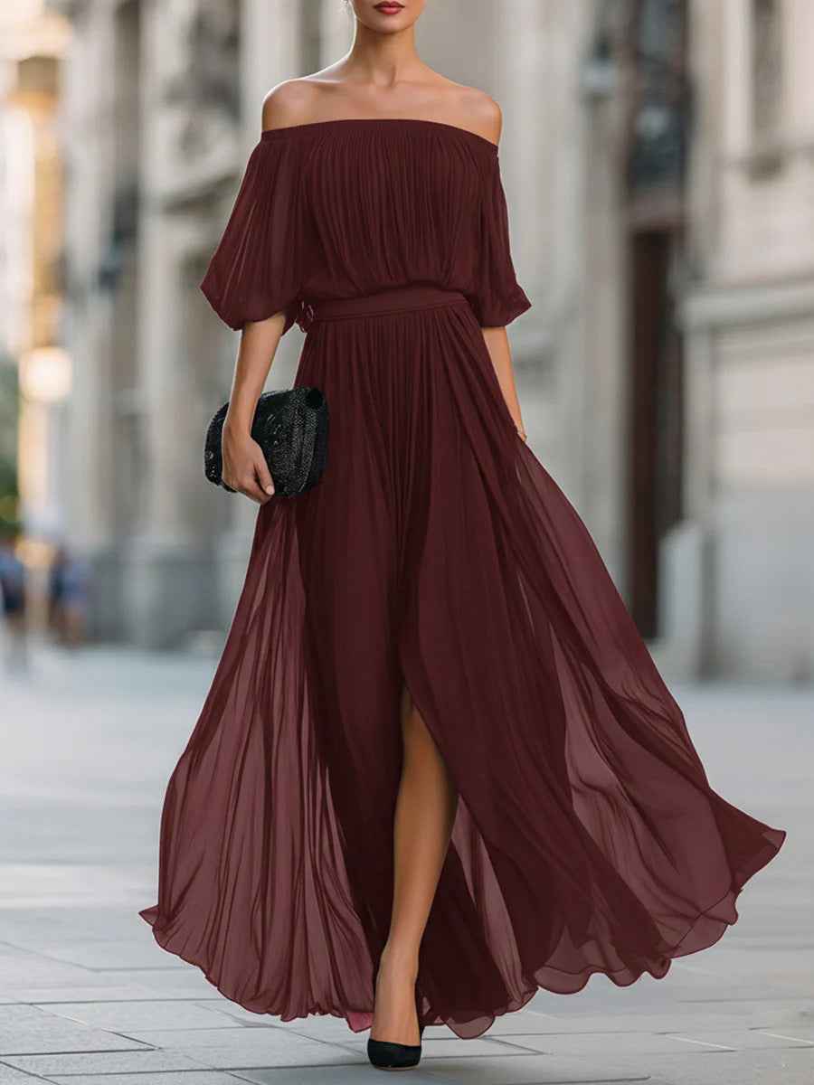 Off-Shoulder Pleated Chiffon Midi Dress — Short Sleeve Slim-Fit