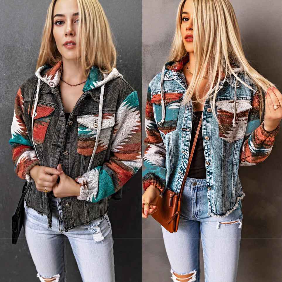 Women's Hooded Denim Patchwork Coat – Contrast Colour | Black & Blue