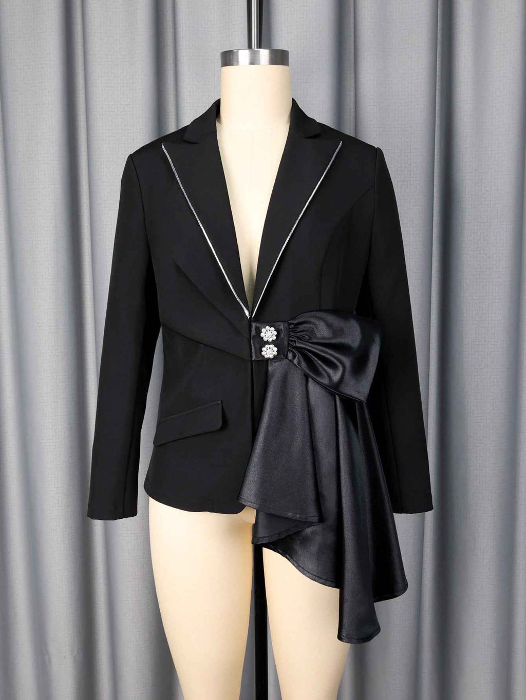 Contrast Satin Bow Rhinestone Trim Fitted Blazer Jacket