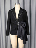Contrast Satin Bow Rhinestone Trim Fitted Blazer Jacket