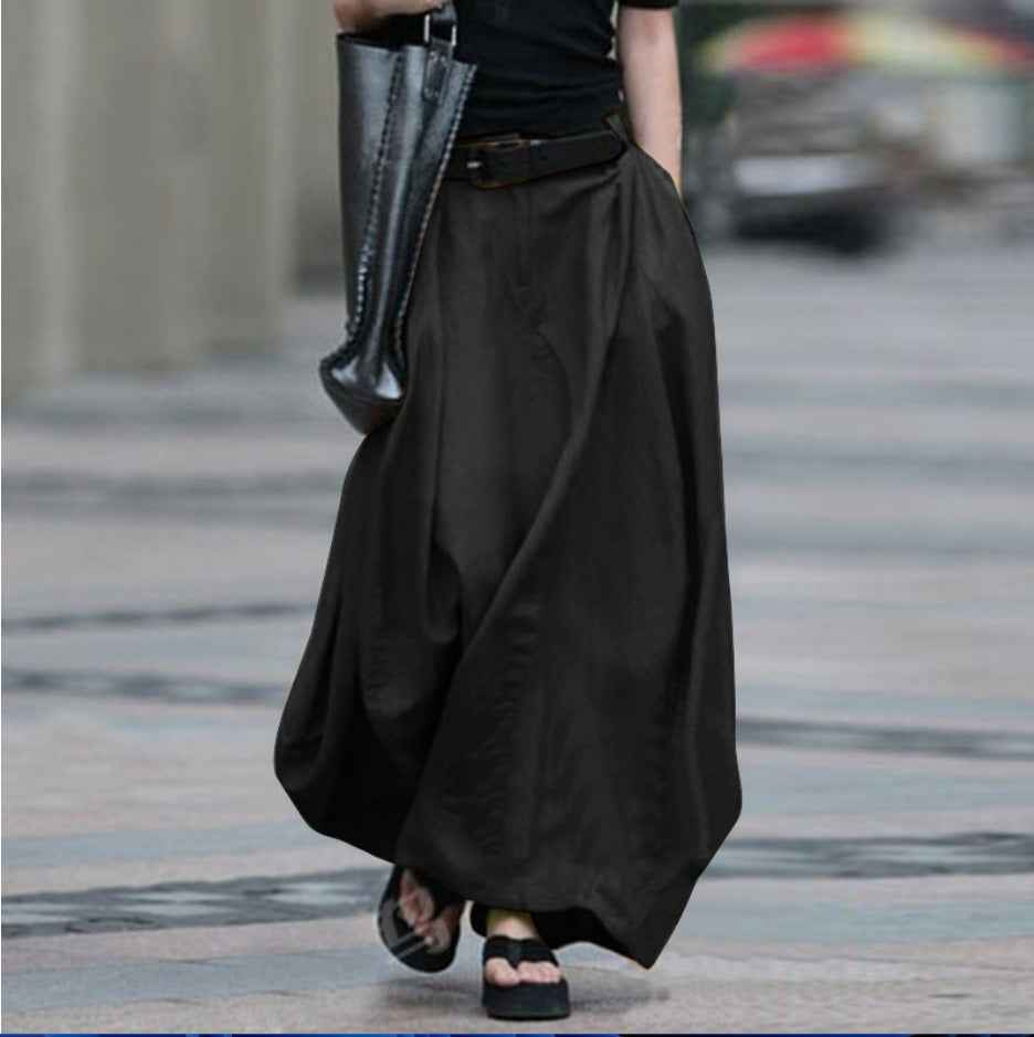 High-Waisted Flared Maxi Skirt — British-Style with Pockets