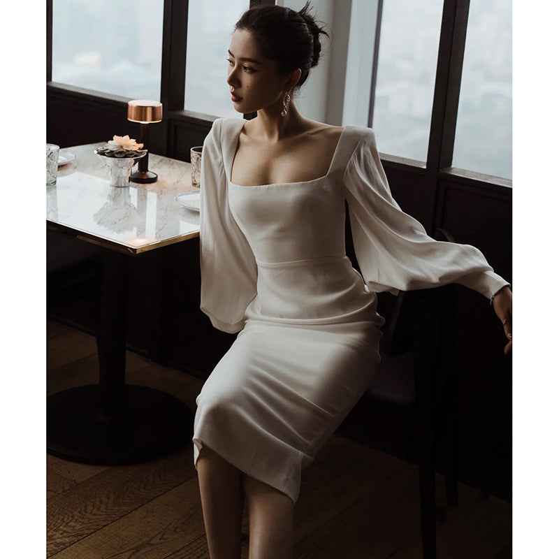 French Minimalist Mermaid Midi Dress – Lantern Sleeve