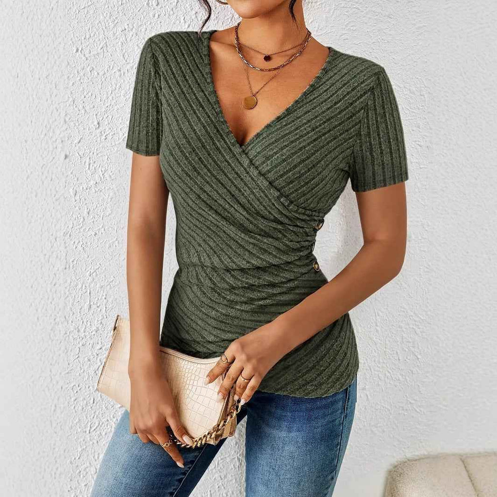 Solid-color V-neck Casual Short-sleeve Womens Top