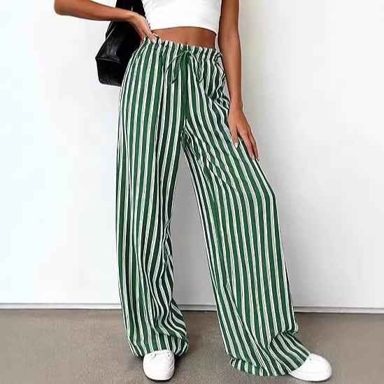 Striped Relaxed-fit Casual Wide-leg Trousers With An Elastic Waist