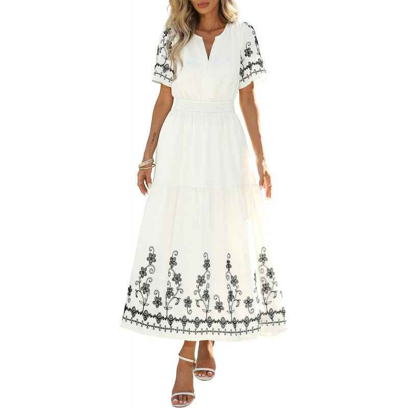 Women's Bohemian Floral Embroidered A-Line Midi Dress