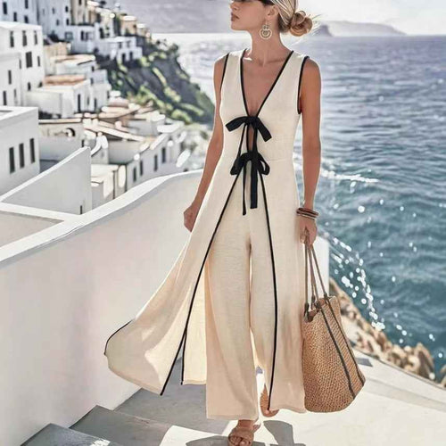Resort-style Color-block Sleeveless Long Vest With Bow And Wide-leg Pants Two-piece Set