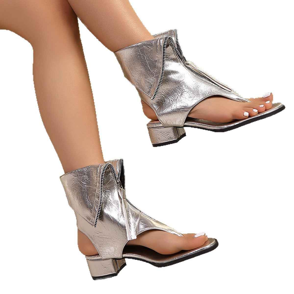 Roman-Style Peep-Toe Heeled Sandals — Front Zip, Mid Heel