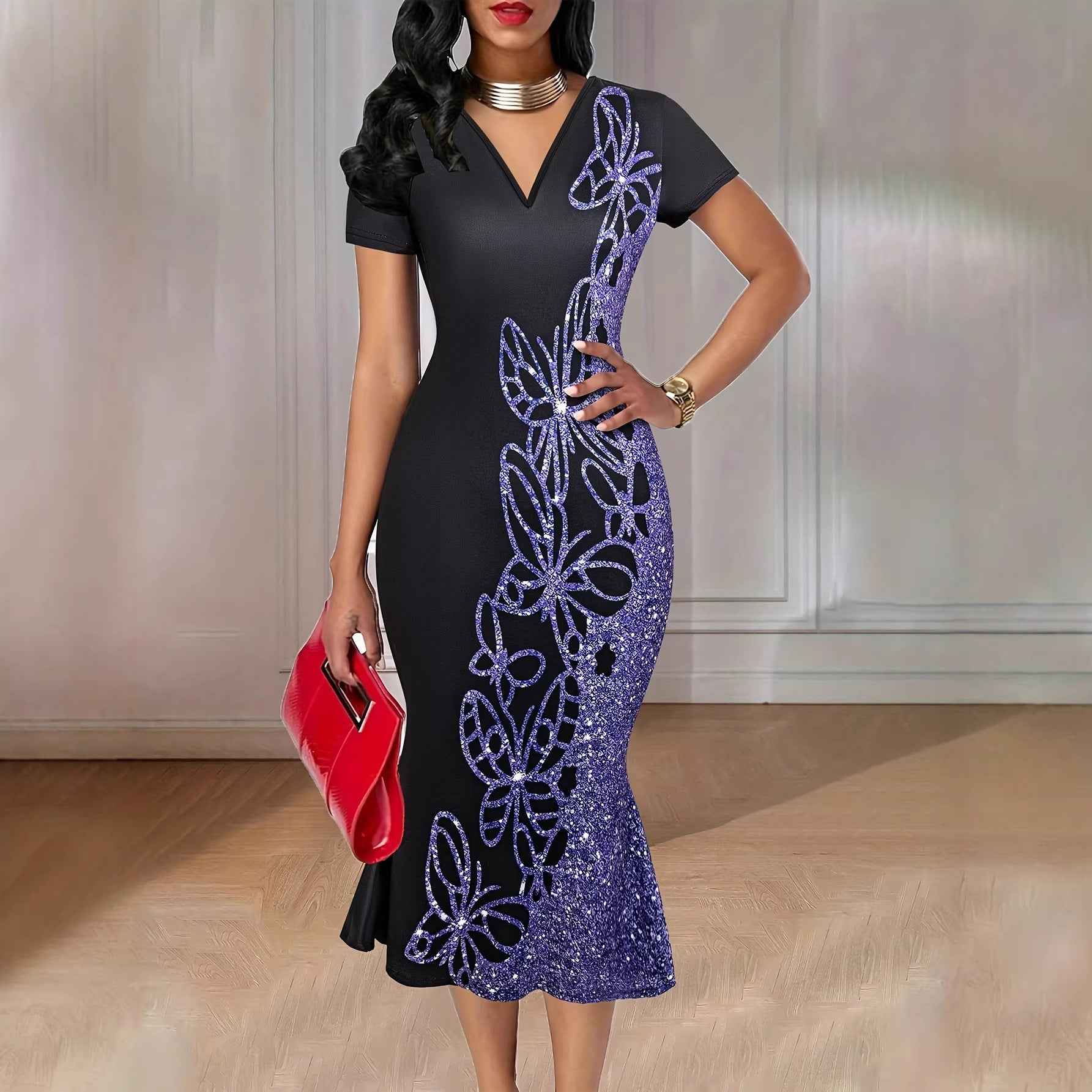 Women's Floral Short-Sleeve Sheath Midi Dress — 4 Colours