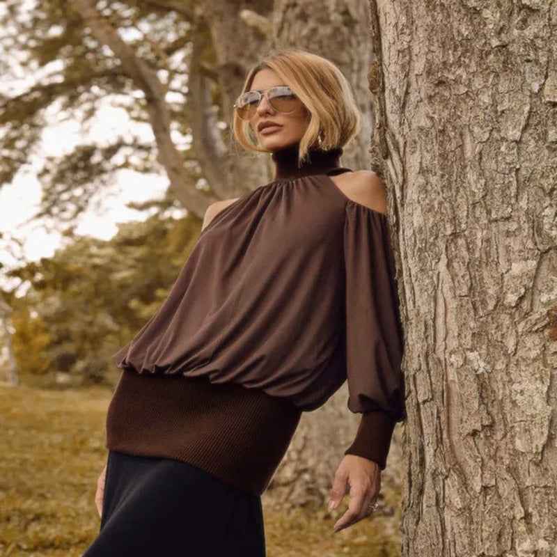Autumn Womens Off-shoulder High-neck Sheer Mesh Long-sleeve Versatile Top