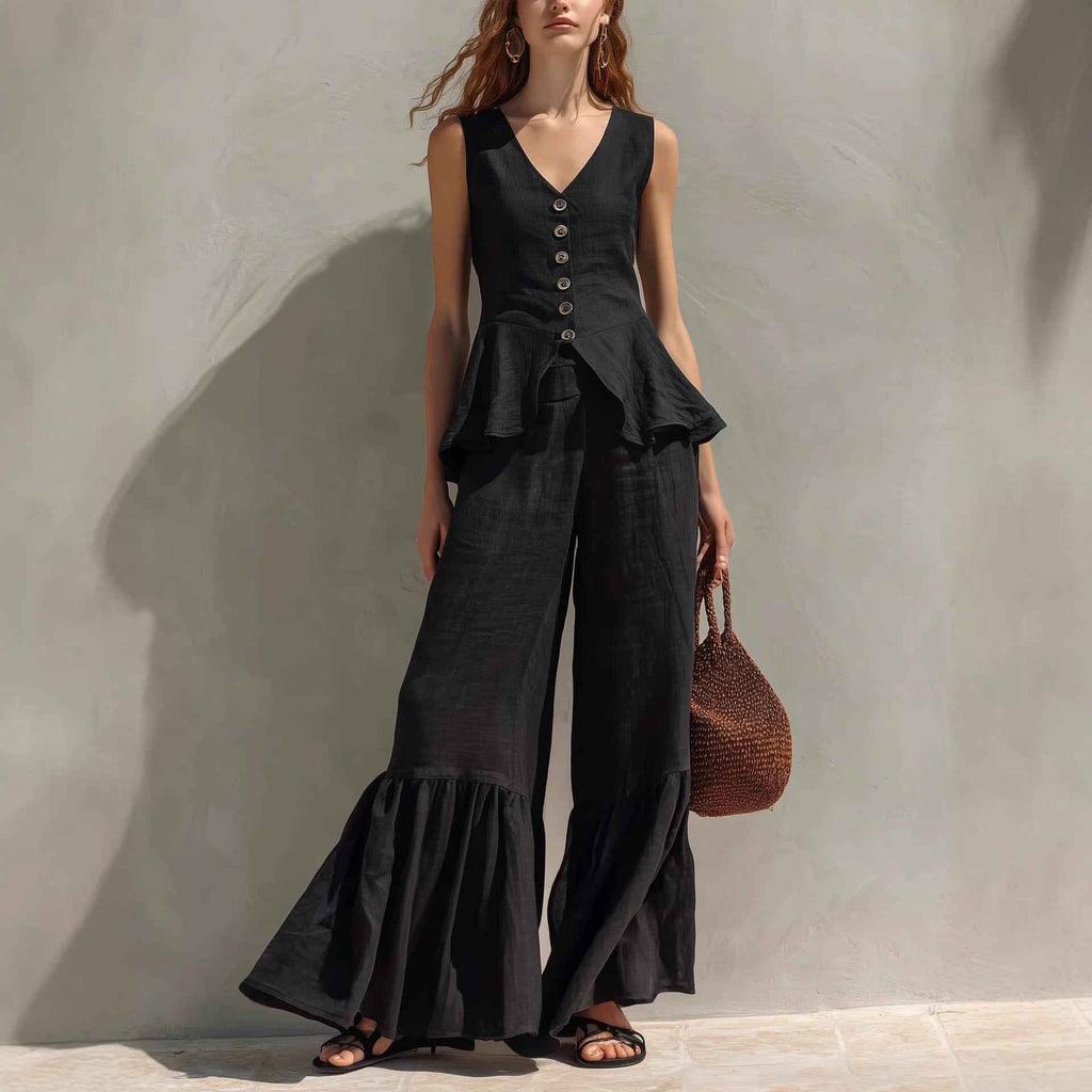 Linen Sleeveless V-Neck Button-Down Flounce Top & Wide-Leg Pants Two-Piece Set