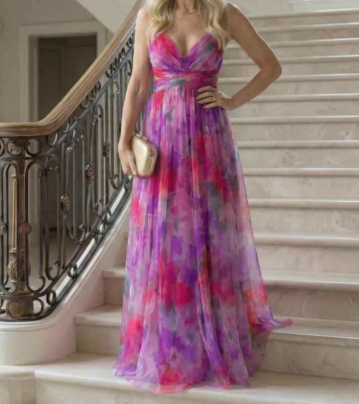 Womens Digital-Print Chiffon Long Dress