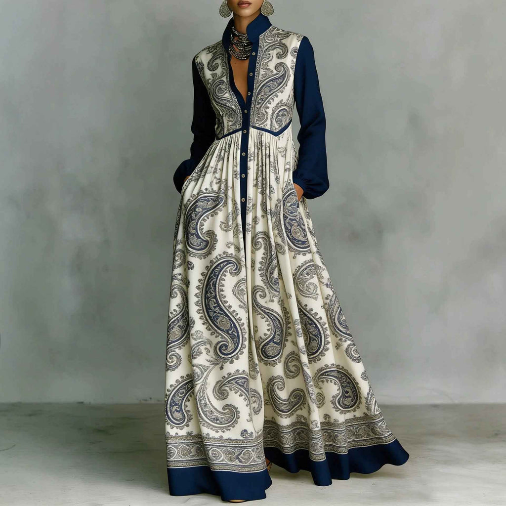 Womens Retro Casual Waist-Cinching Printed Dress