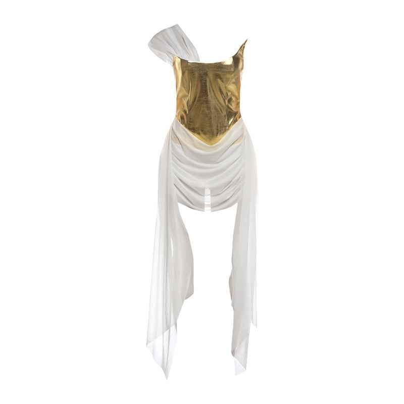 Womens Shiny Mesh-spliced Fashion Dress With Flowing Ribbons