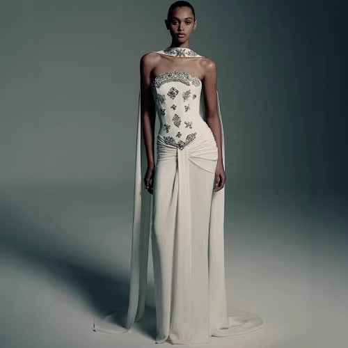 Rhinestone Ruched Halter-Neck Wrap Slim-Fit Maxi Pencil Dress