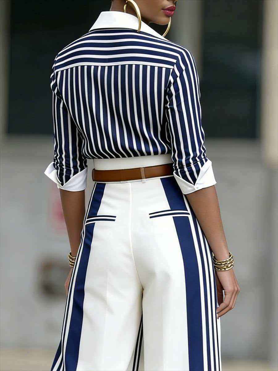 Women's Striped Contrast-Colour Lapel Shirt – Long Sleeve Cardigan