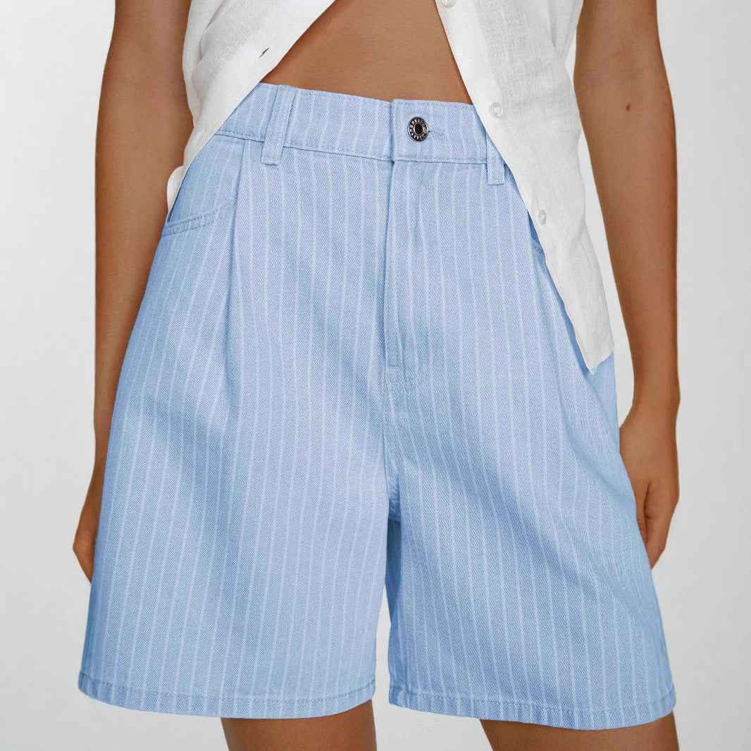 Fashionable Casual Striped Loose-fit High-waisted Plus-size Denim Shorts