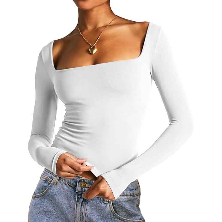 Square Neck Milk Silk Long Sleeve Top – Slim Fit Crop
