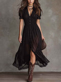 Fitted-waist Ruffled-edge Chic Dark-style V-neck Blouse And Slit Maxi Skirt