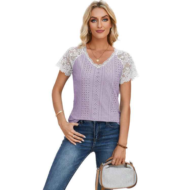 Eyelet Lace-Trim V-Neck Top