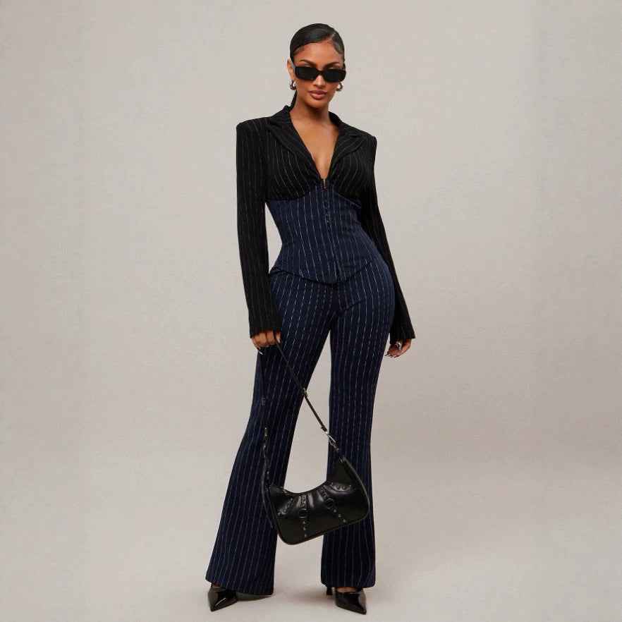 Contrast-Stripe Waist-Cinching Two-Piece Set – Long Sleeve & Wide-Leg Pants