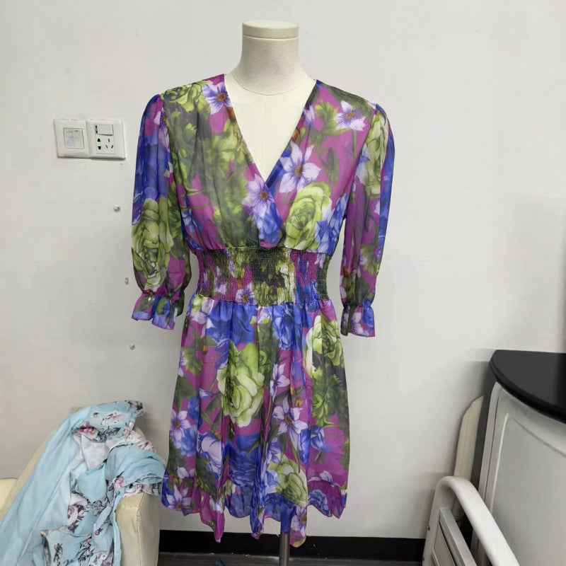 A-line Casual Chiffon Dress With A Fitted Waist And Ruffled Hem