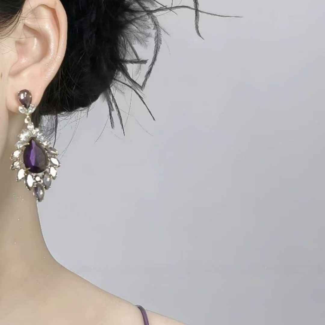 European American Fashion Gradient Purple Teardrop Zircon Earrings, Super Sparkling Dangle Drop Earrings For Runway & Formal Evening Dress