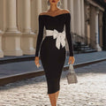 High Waist Bodycon Mini Dress – Open Back V-Neck with Bow Tie Detail