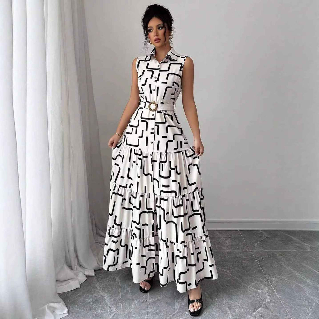 Printed-button Sleeveless Lace-up Shirt-collar Dress