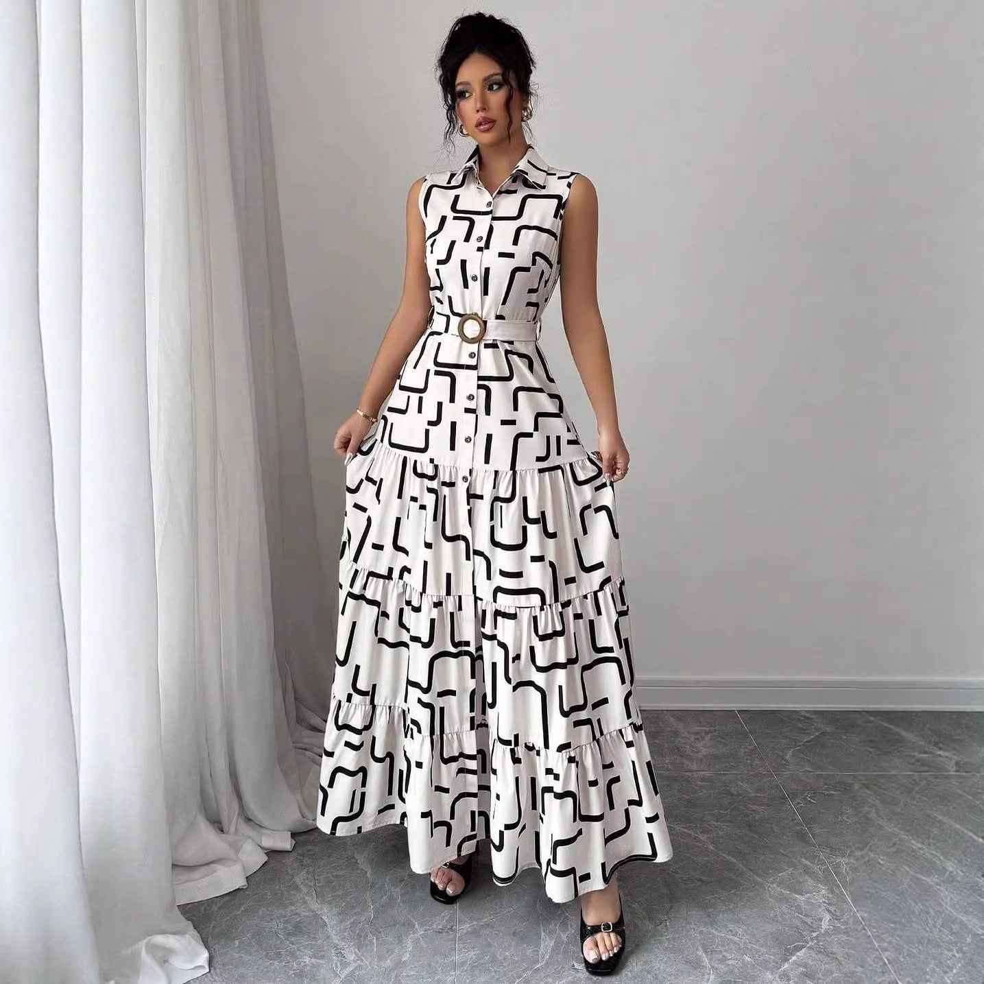 Printed-button Sleeveless Lace-up Shirt-collar Dress