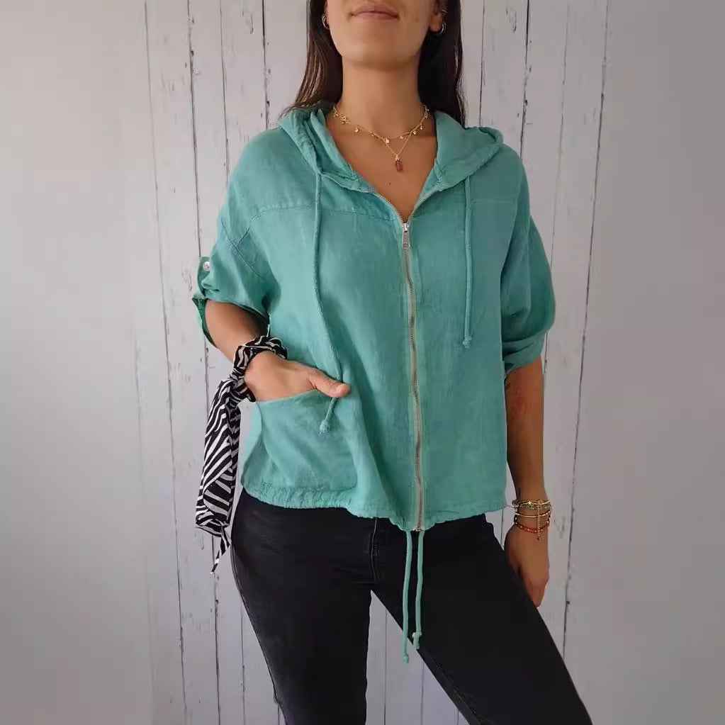 Cotton-Linen Zip Hoodie — Loose Fit
