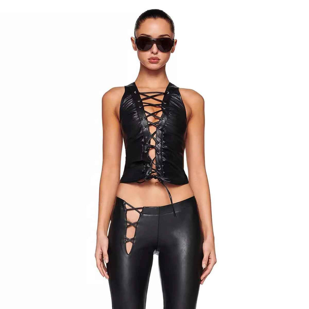 PU Leather Sleeveless Top – Rivet Strap Strapless Vest