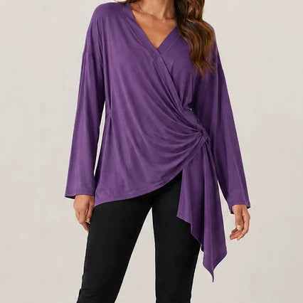 Strap-style Solid-color Elegant V-neck Casual Long-sleeve Top