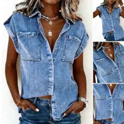 Denim Patchwork Princess Sleeve Shirt – Light Blue Summer Top