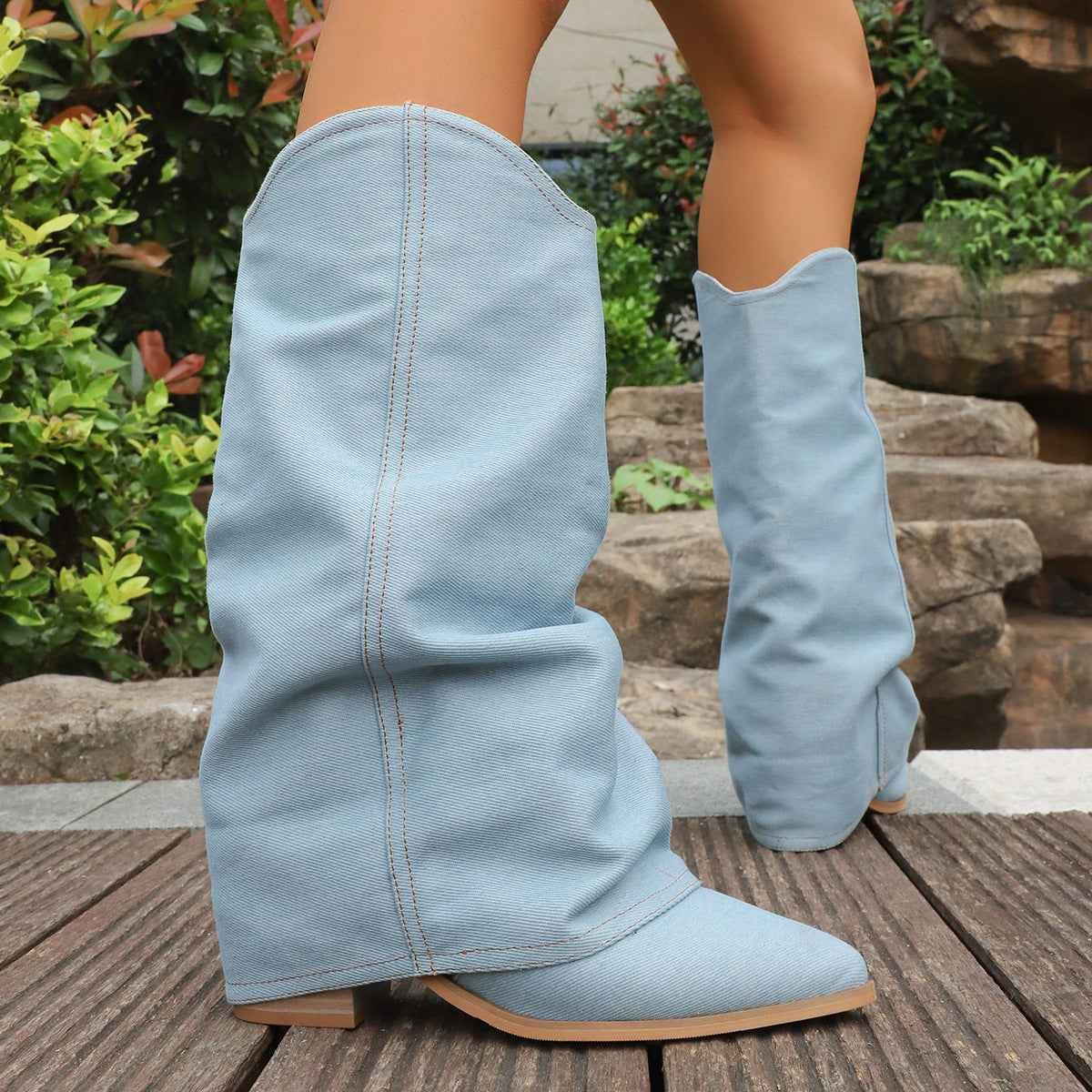 Chunky Heel Mid-Calf Boots — Pointed Toe, Light Blue