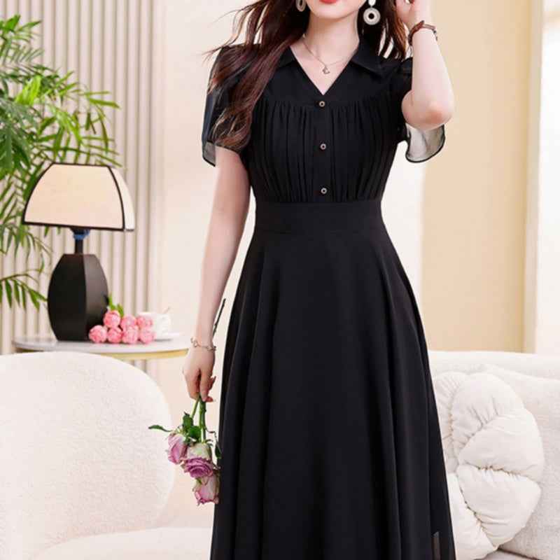 Chiffon Flared Midi Dress – Elastic Waist Cap Sleeve