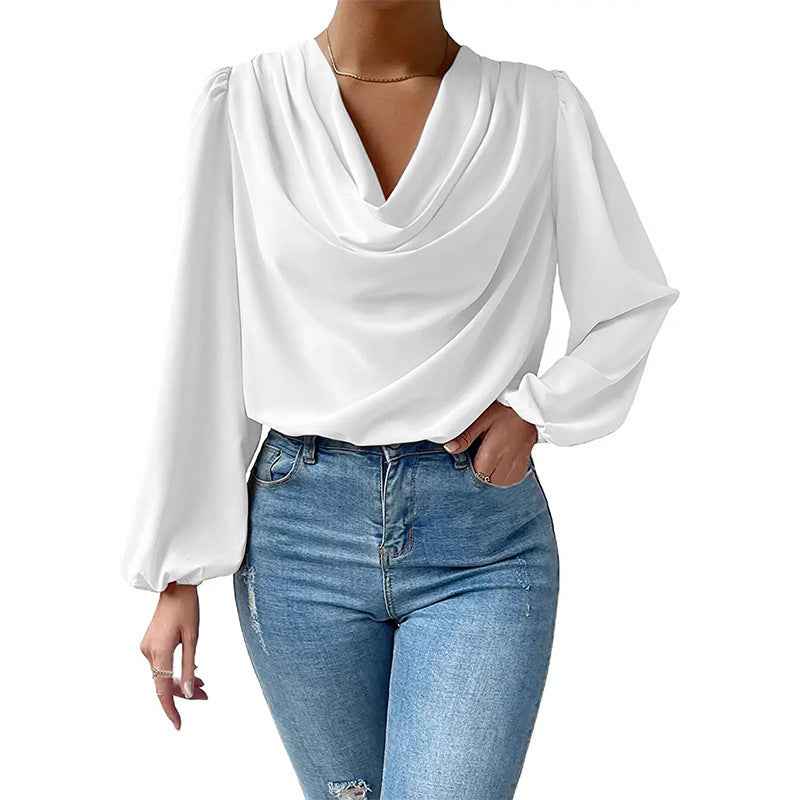 Chiffon Balloon-Sleeve Top — Ruffle Trim Pullover