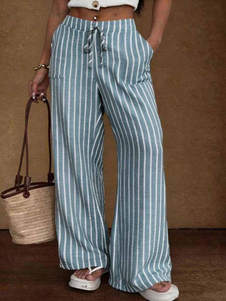 Striped Loose Wide-Leg Trousers with Elastic Waist