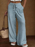 Striped Loose Wide-Leg Trousers with Elastic Waist