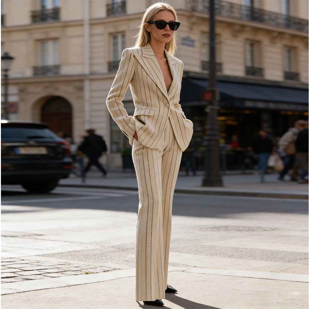 Pinstripe Brushed Suit Jacket & Pants Set — Street-Chic Two-Piece