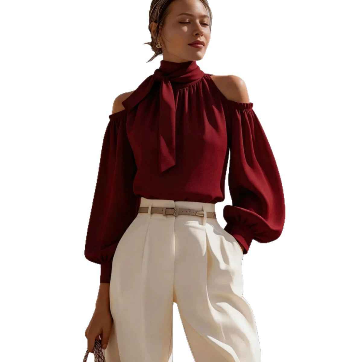Womens Stand-collar Off-shoulder Top With Puff Sleeves