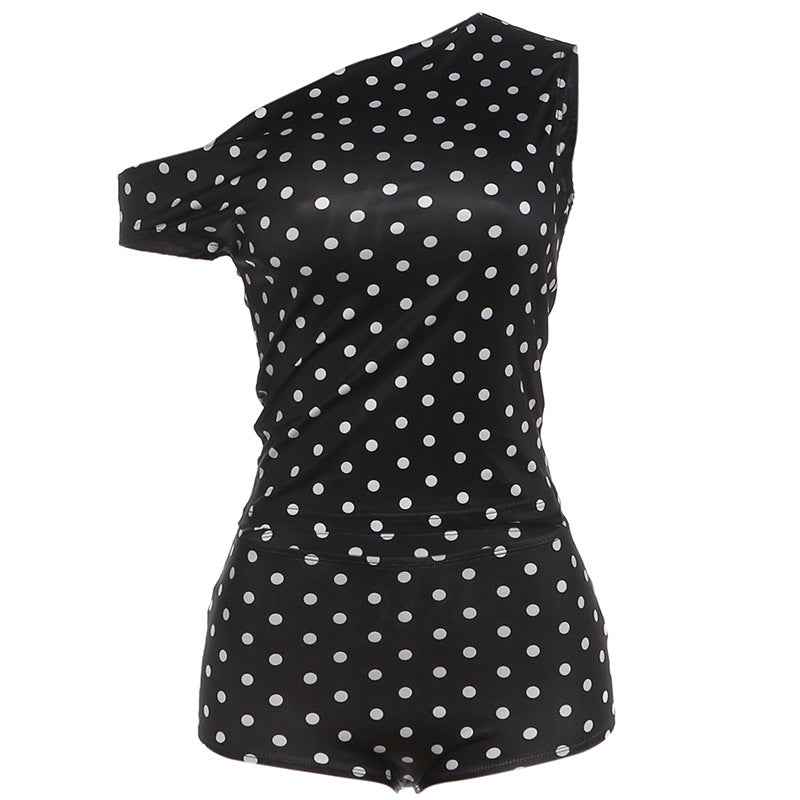 Women's Polka Dot Crop Top & Bodycon Shorts Co-Ord Set — Black