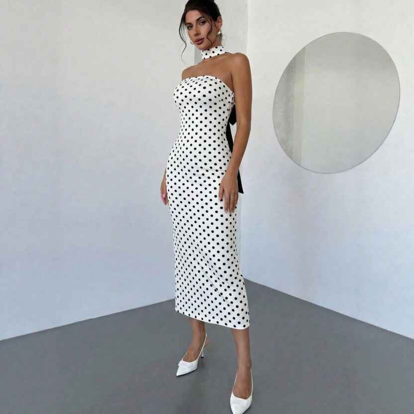 Polka Dot Strapless Bow-Back Midi Dress