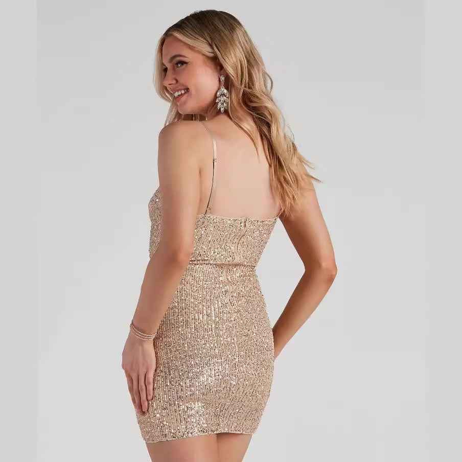 Womens Sexy V-Neck Sequined Bodycon Strap Dress
