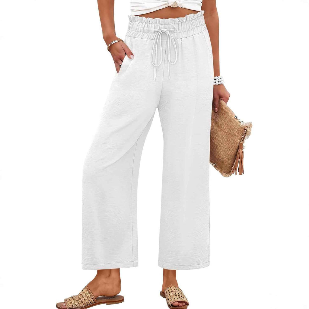 Lace-Trim Drawstring Cropped Wide-Leg Pants