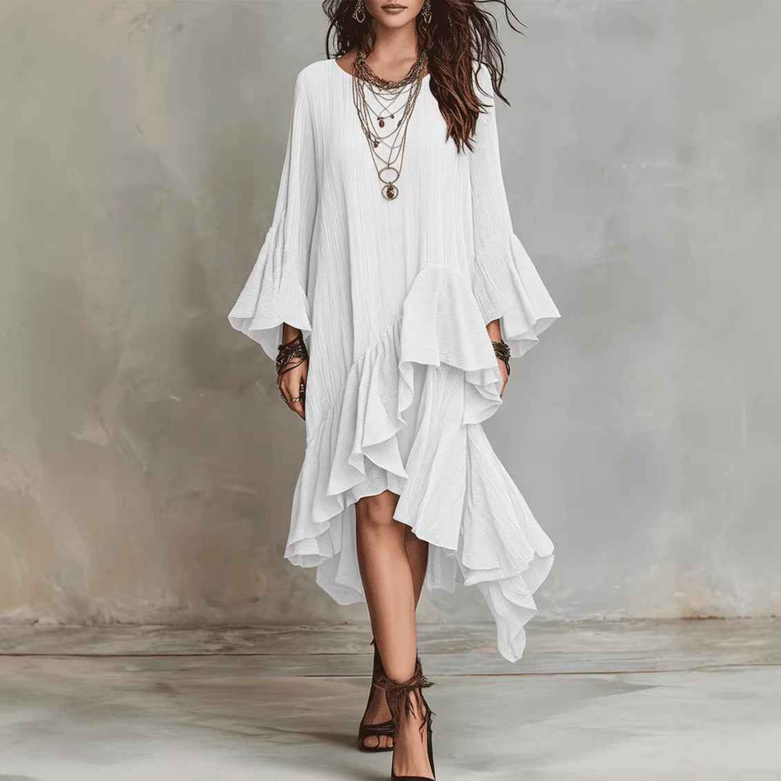 Womens Solid-color Elegant Asymmetrical Ruffled Dress