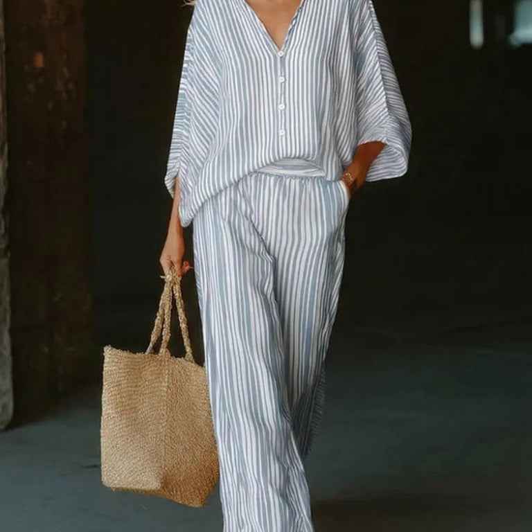 V-Neck Buttoned Cardigan & Full-Length Pants Set — Striped Two-Piece
