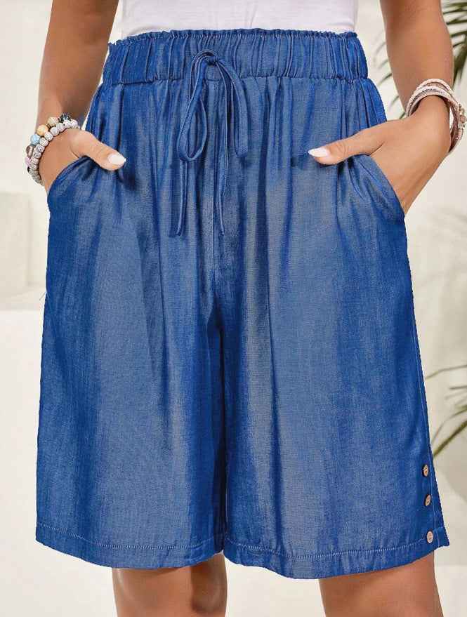 High-Waist Casual Shorts — Solid Color, Resort Style