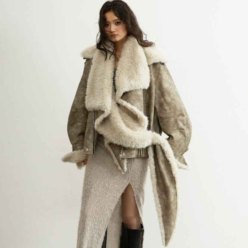 PU Leather Jacket – Detachable Fur Collar, Sand